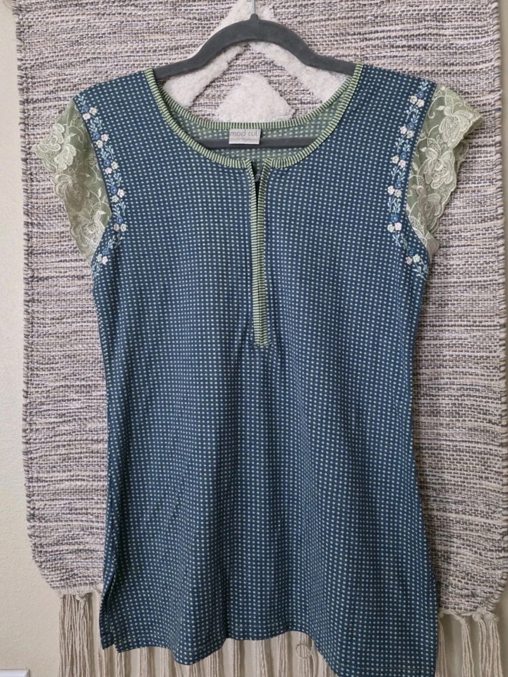 Mod Cut Blue Green Dot Knit Top Lace Cap Sleeve Boho Cottagecore Fairycore Sz S